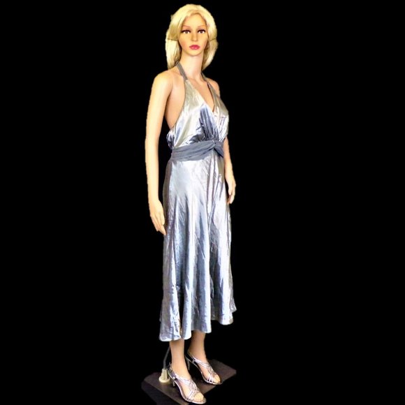 RABBIT RABBIT RABBIT DESIGNS size 10 silver satin backless OTS midi party dress - Picture 1 of 11